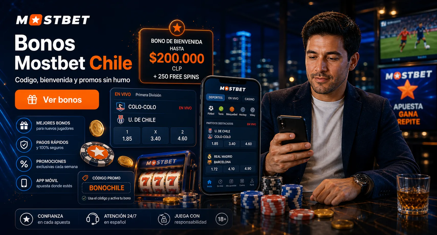 Mostbet Chile bonuses page banner